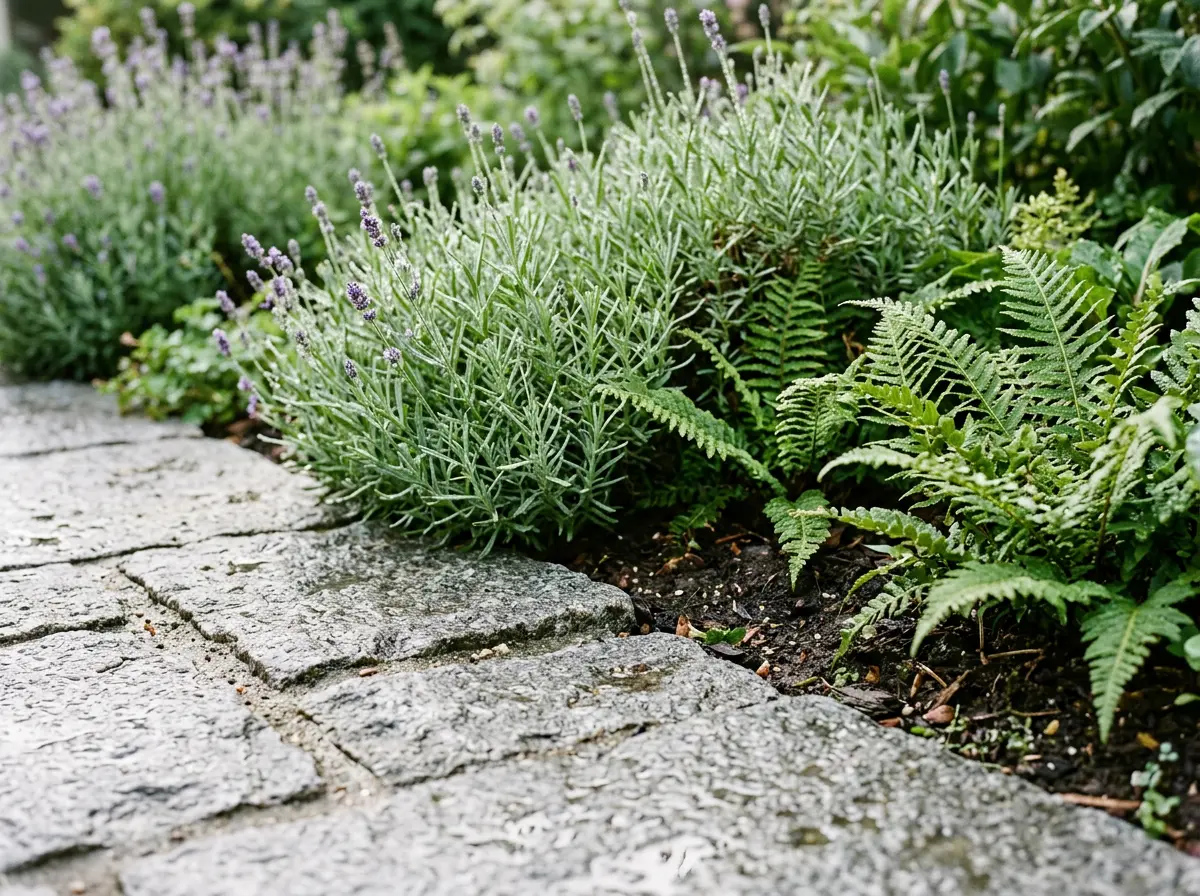 Close-up of lavender and ferns planted along the edge of a natural stone path