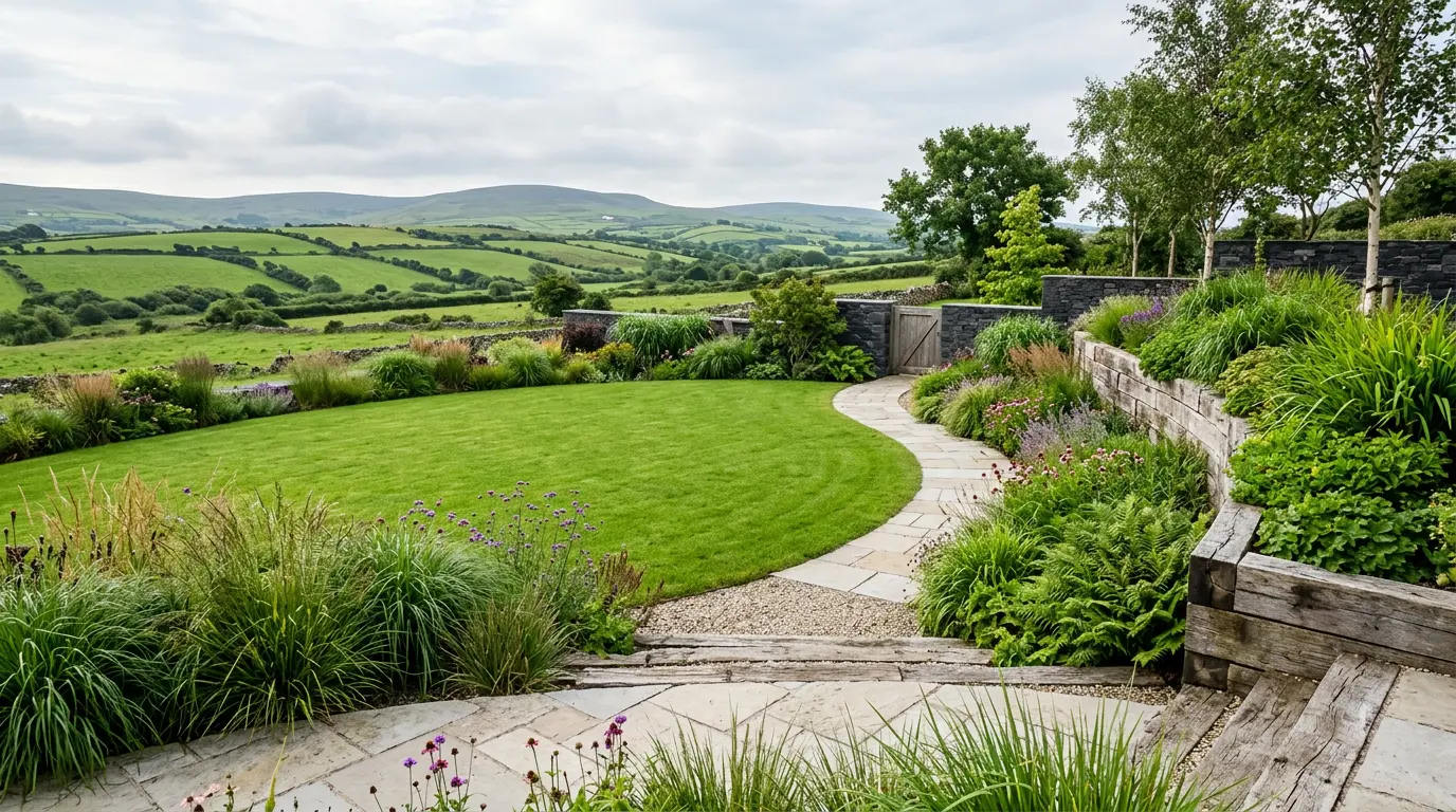 A finished garden with a curved lawn, limestone path, timber sleeper beds and planted borders looking out over green midland fields