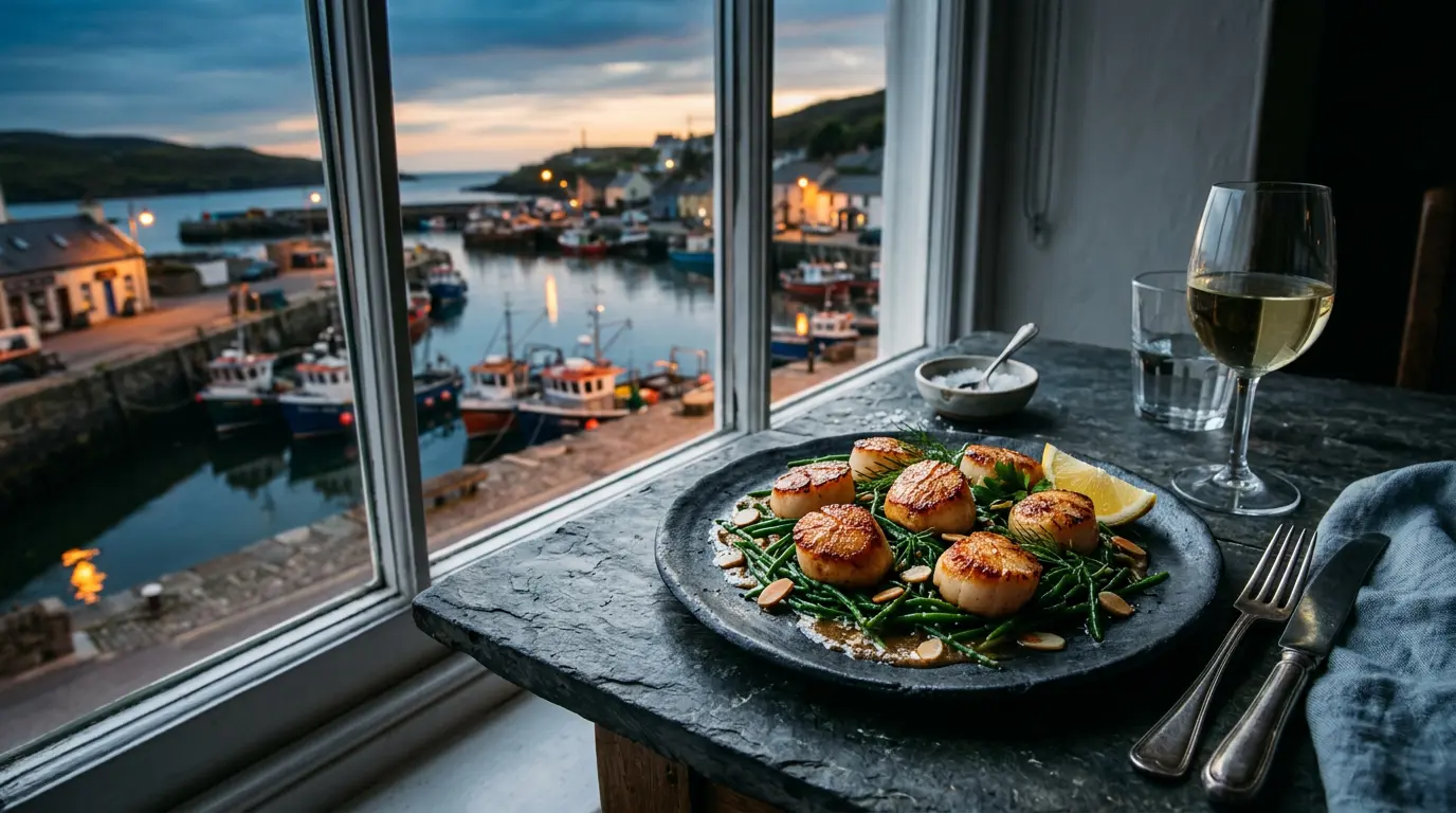 Seared scallops on a slate plate with a glass of white wine, set at a window overlooking fishing boats in a small Irish harbour at dusk