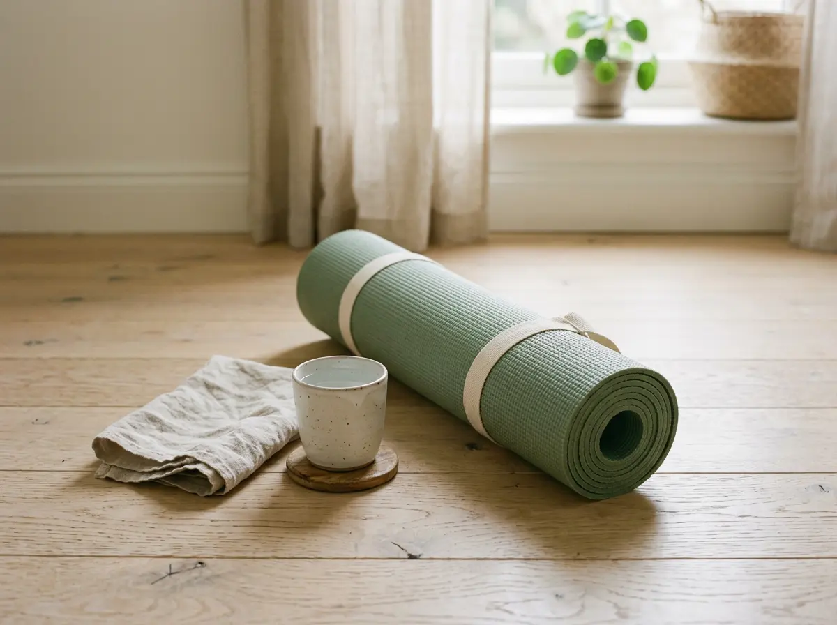 A sage green pilates mat rolled with a linen strap on an oak floor, beside a speckled ceramic cup of water and a folded linen towel
