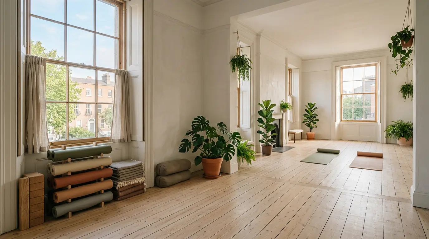 A bright Georgian studio room with tall sash windows, pale timber floorboards, potted plants and rolled pilates mats stacked on a wooden rack